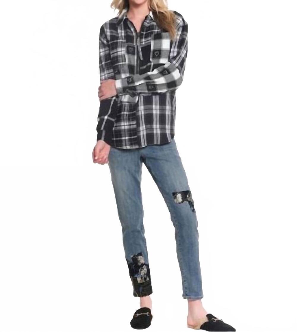 NEW TRU LUXE half zip front mixed plaid shirt in black